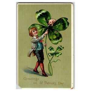 Tuck Brundage Vintage St. Patrick's Day Postcard Boy Shamrock & Pig Undivided